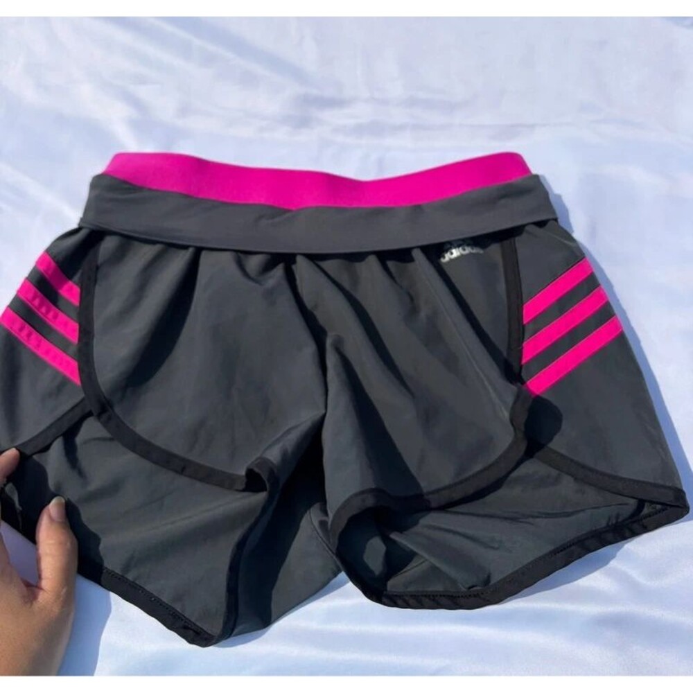 adidas Climalite Workout Shorts XS Black Hot Pink Trim Foldover Waist Marathon